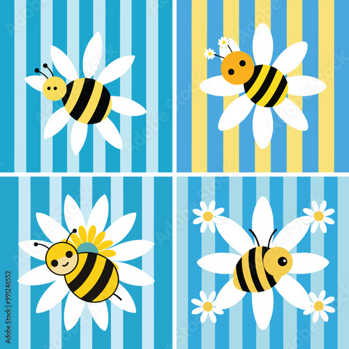 Adobe Illustrator ArtworkSame style, four different seamless patterns. , Preppy bee with daisies flowers seamless pattern on vertically striped background. Vector cute cartoon hand drawn illustration.