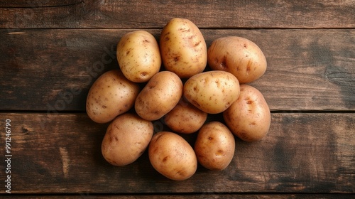 Top view of a bunch of raw potatoes on a wooden table, their skins rough and natural