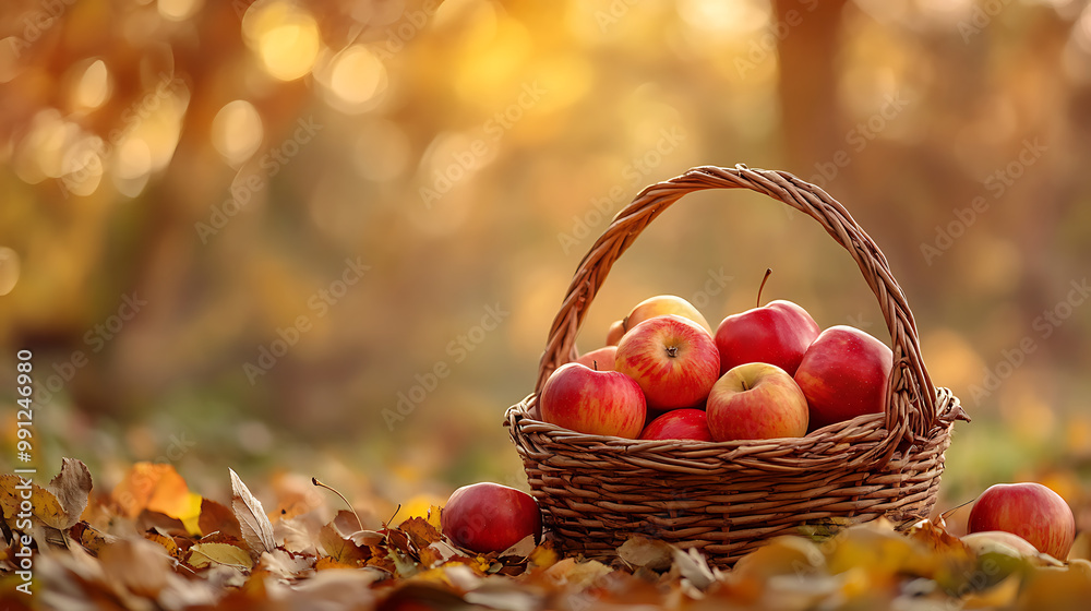 A basket of freshly picked apples set against a backdrop of golden autumn trees A basket of freshly picked apples set against a backdrop of golden autumn trees