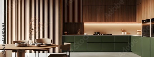 Modern kitchen with green cabinets and a dining table, with vertical wood slats on the wall behind it