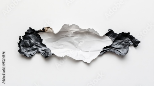 Torn, burnt piece of paper with singed edges, centered on a clean white background. photo