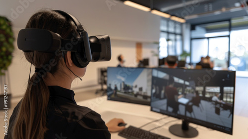 A fully virtual workplace where teams interact in immersive VR environments, collaborate on cloud-based platforms, and use AI for task management.