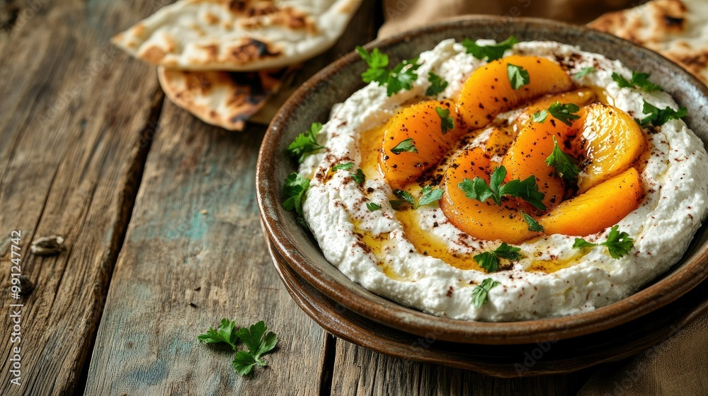 Whipped ricotta garnished with roasted peaches, herbs, and a balsamic drizzle, served alongside pita on a wooden table with copy space. Whipped ricotta garnished with roasted peaches, herbs, and a balsamic drizzle, served alongside pita on a wooden table with copy space.