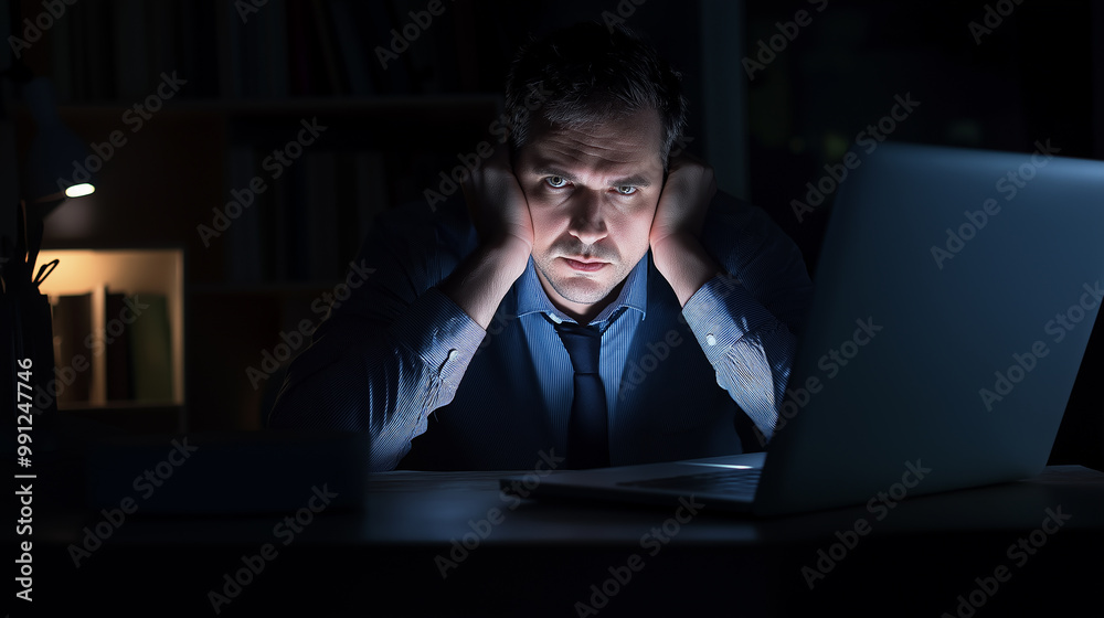 Stressed businessman working late at night in office