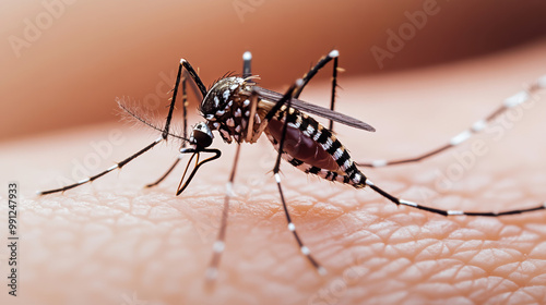 close up view of Aedes mosquito feeding on human skin, highlighting its intricate features and potential danger of its bite. This image captures essence of natures small yet impactful creatures