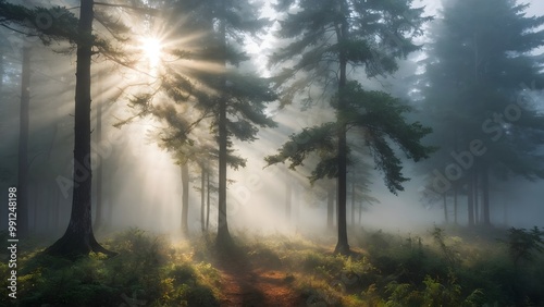 Misty Forest Landscape With Sunlight Streaming Through Trees at Dawn in a Tranquil Setting