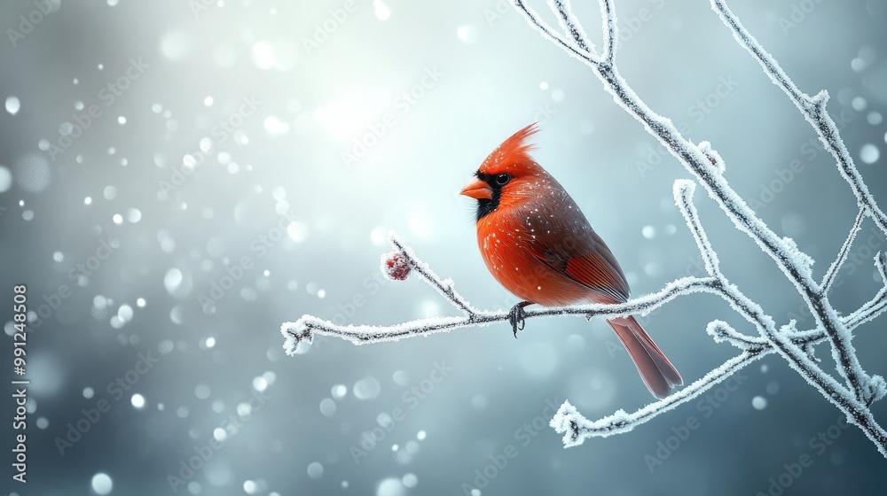 Winter scene with a red cardinal bird sitting on a frosty branch, snow gently falling in the background. Winter scene with a red cardinal bird sitting on a frosty branch, snow gently falling in the background.