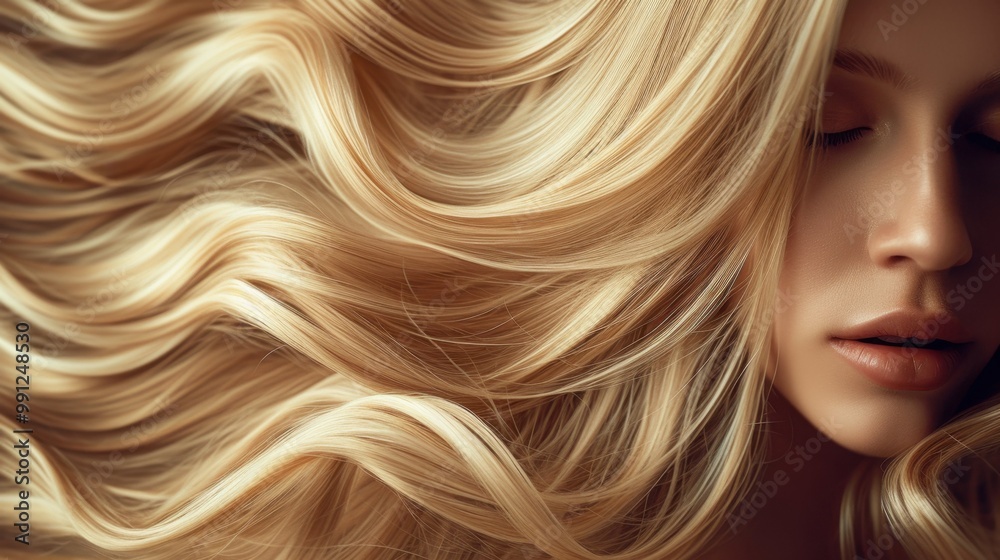 A woman with long blonde hair is peacefully sleeping, eyes closed A woman with long blonde hair is peacefully sleeping, eyes closed