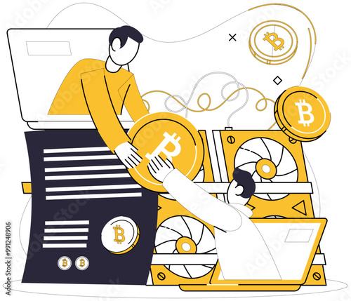 Bitcoin mining vector illustration. Cryptocurrency, newcomer, disrupts traditional finance, challenging status quo Blockchain, ledger, records transactions form backbone Bitcoins financial system