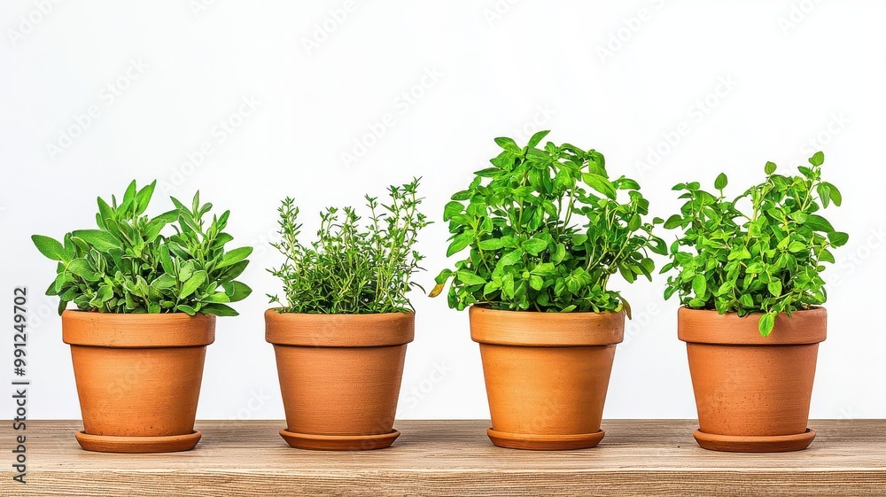 Rustic dining table, clay pots, fresh herbs, natural lighting, Watercolor style Rustic dining table, clay pots, fresh herbs, natural lighting, Watercolor style