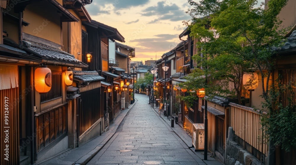 A quiet alley in Kyoto Gion district, lined with traditional wooden buildings and glowing paper lanterns. A quiet alley in Kyoto Gion district, lined with traditional wooden buildings and glowing paper lanterns.