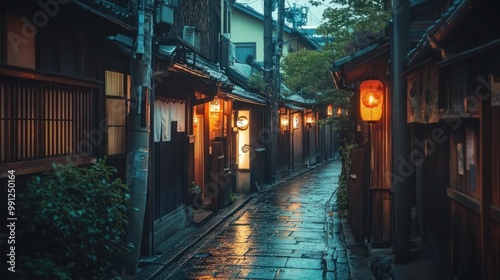 A quiet alley in Kyoto Gion district, lined with traditional wooden buildings and glowing paper lanterns.