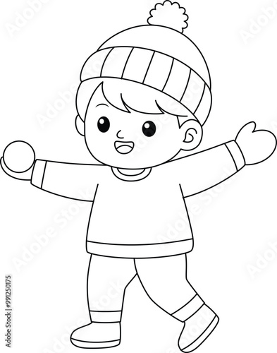 Cute boy are playing a snowball fight cartoon coloring page. Christmas and Winter Illustration
