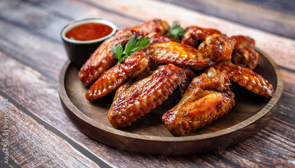 Delicious BBQ chicken wings served with spicy dipping sauce on a wooden platter. Delicious BBQ chicken wings served with spicy dipping sauce on a wooden platter.