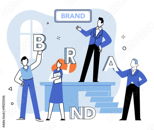 Brand building vector illustration. Creation, masterpiece, unfolds as brand building transforms ideas into tangible realities Promo, announcement, echoes progress and achievements ongoing brand