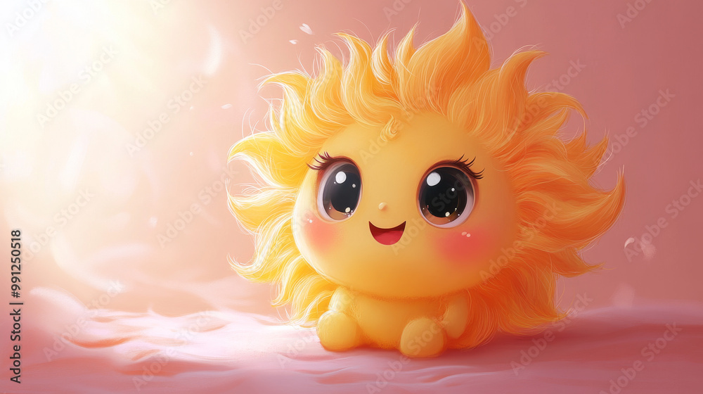 Obraz premium Cute cartoon sun with big eyes smiles happily.