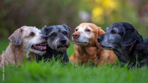 Four dogs lying in the grass and looking curious