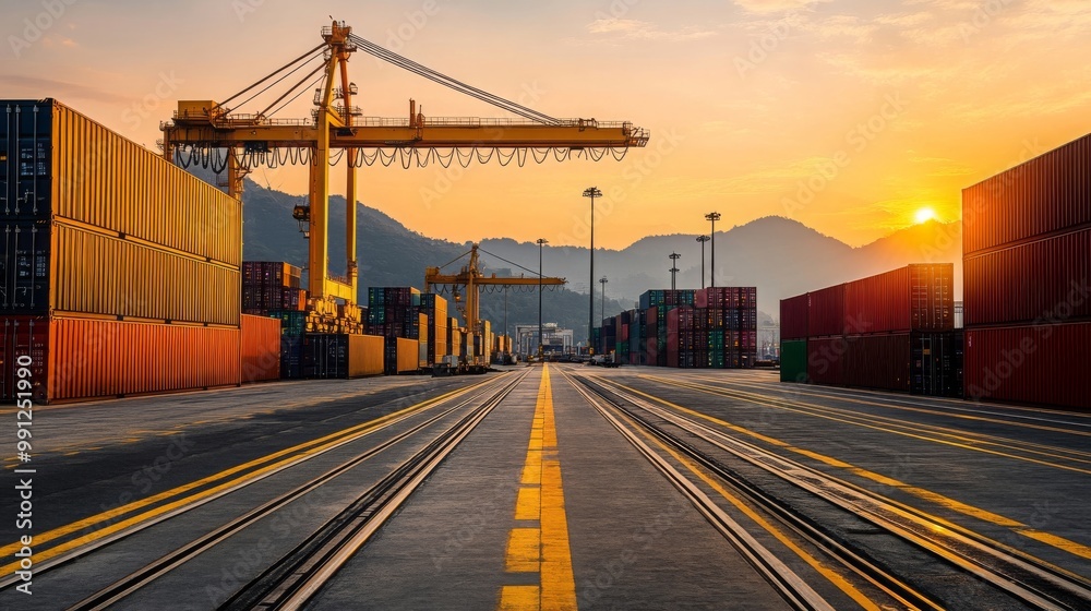Cargo Containers at Sunset with Crane and Railway Tracks Cargo Containers at Sunset with Crane and Railway Tracks