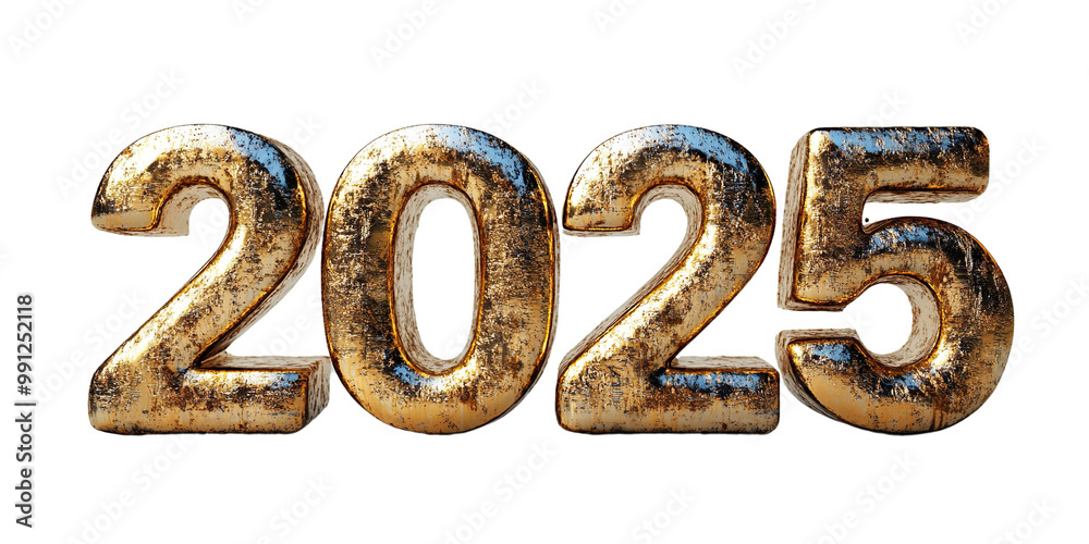 old golden number 2025 on transparent background, white background, happy new year