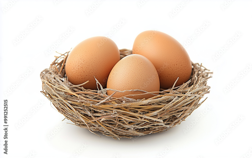 Brown chicken eggs in a nest on a white background. Brown chicken eggs in a nest on a white background.