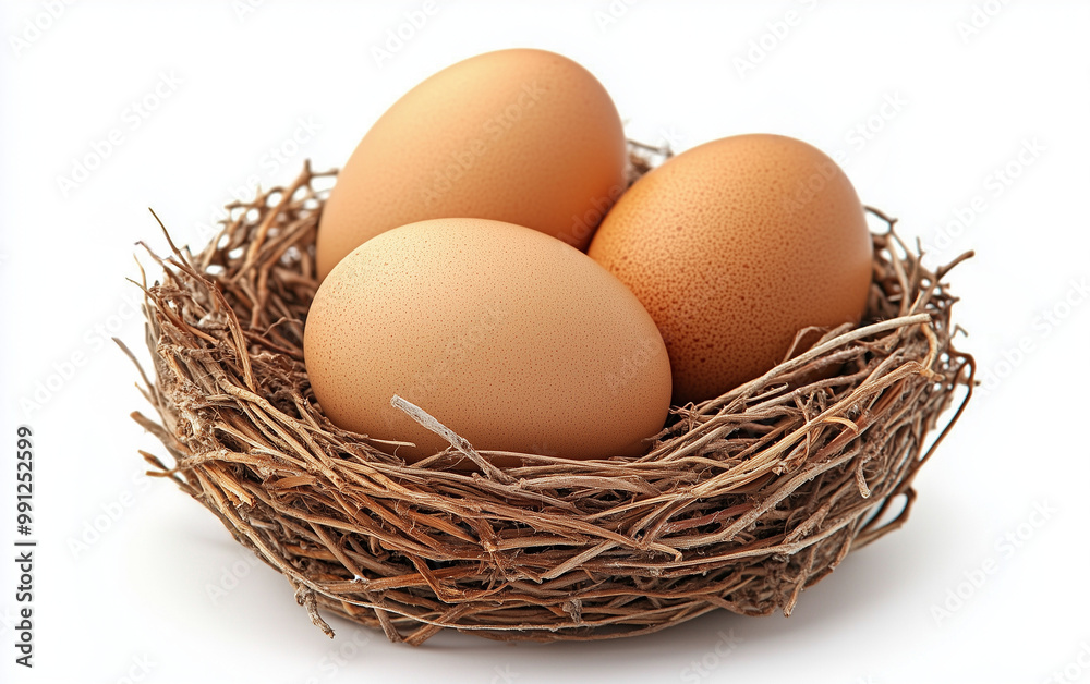 Brown chicken eggs in a nest on a white background. Brown chicken eggs in a nest on a white background.