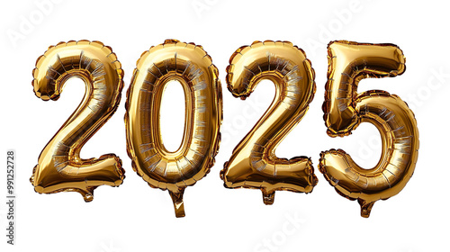 golden ballons number 2025 on transparent background, white background, happy new year