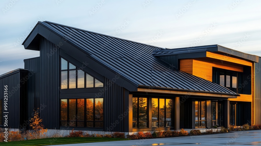 Obraz premium Modern Black House with Metal Roof and Sunset Reflection