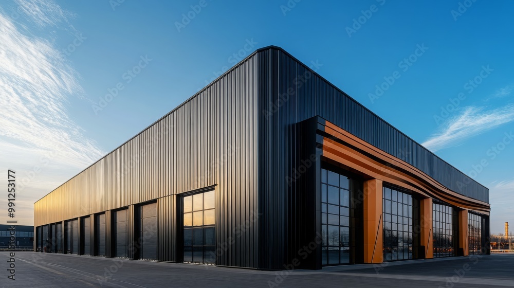 Modern Industrial Building with Large Windows and Black Siding Modern Industrial Building with Large Windows and Black Siding