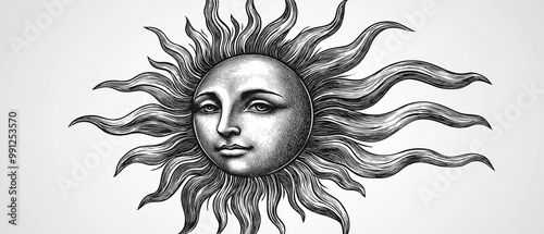 Esoteric smiling sun vintage illustration, Ai