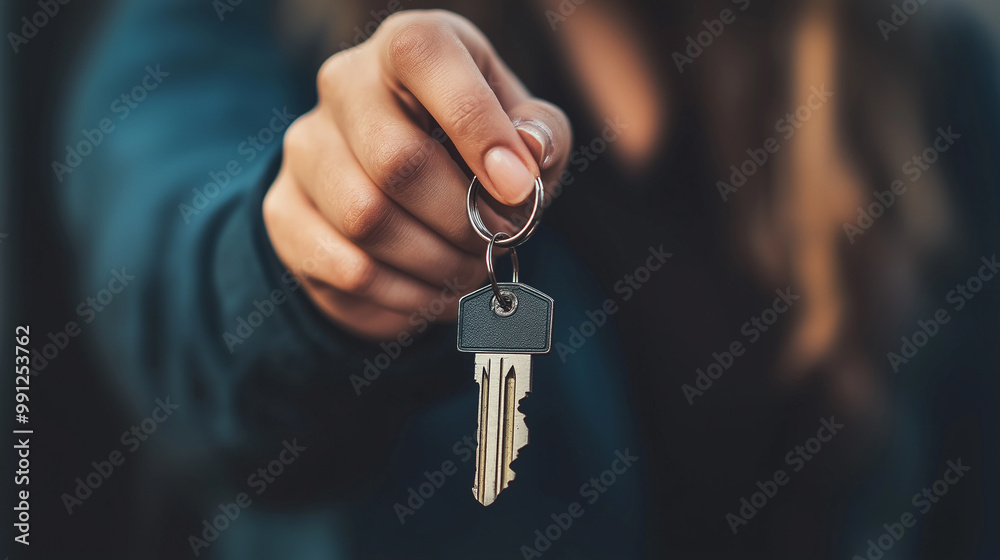 Woman holding keys to new home in front of blurred background Woman holding keys to new home in front of blurred background