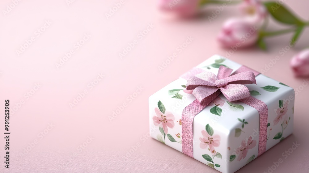 Floral Gift Box with Pink Ribbon and Soft Background Floral Gift Box with Pink Ribbon and Soft Background