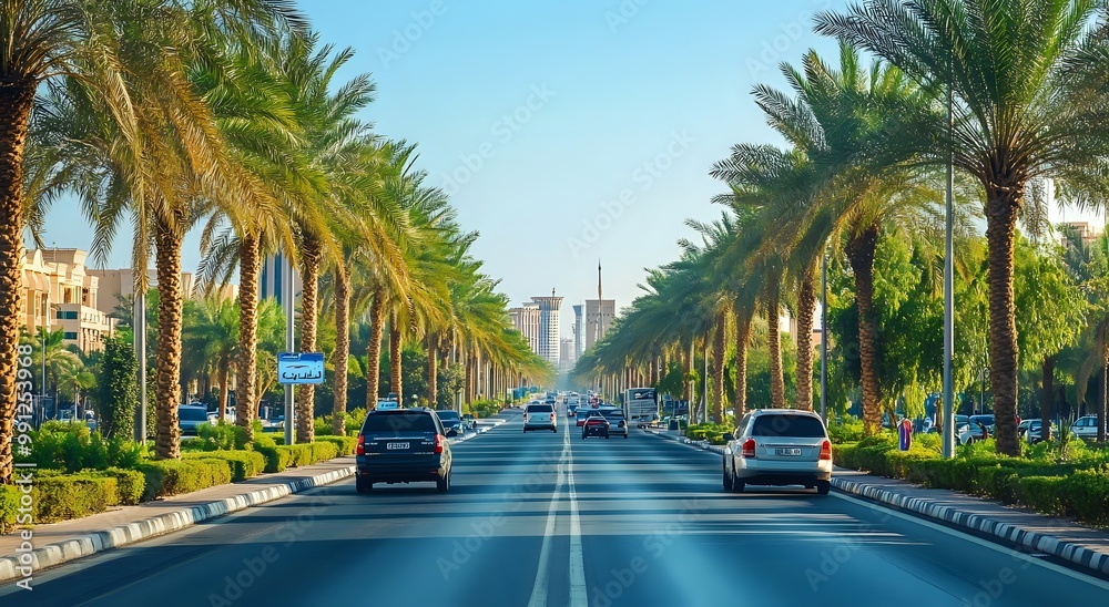 Obraz premium Palm tree lined street in a city.