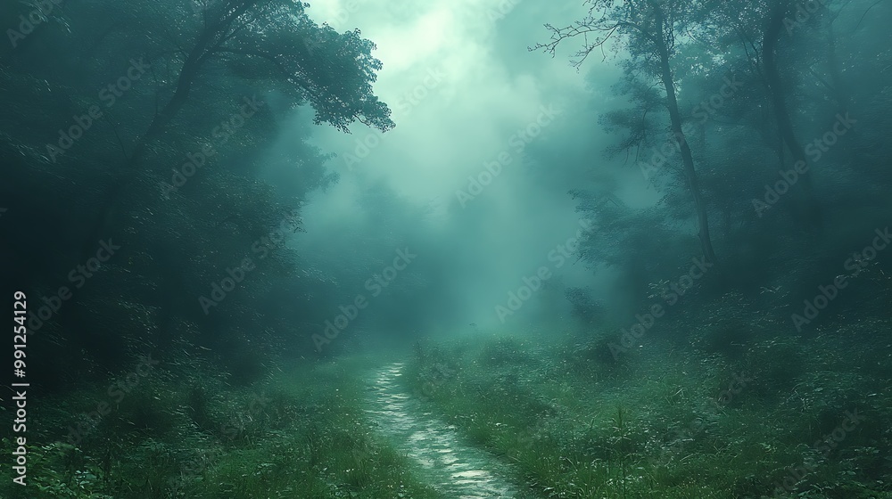 A misty forest path with a thin line of sunlight peeking through the dense trees. A misty forest path with a thin line of sunlight peeking through the dense trees.