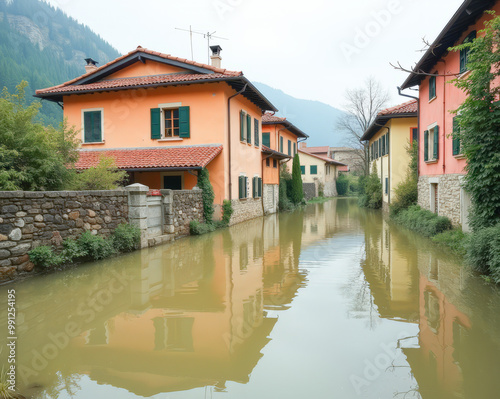 Flood , street flooded houses