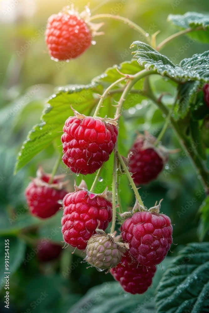 Closeup view of raspberry fruit on plant with leaf in plantation farm Closeup view of raspberry fruit on plant with leaf in plantation farm