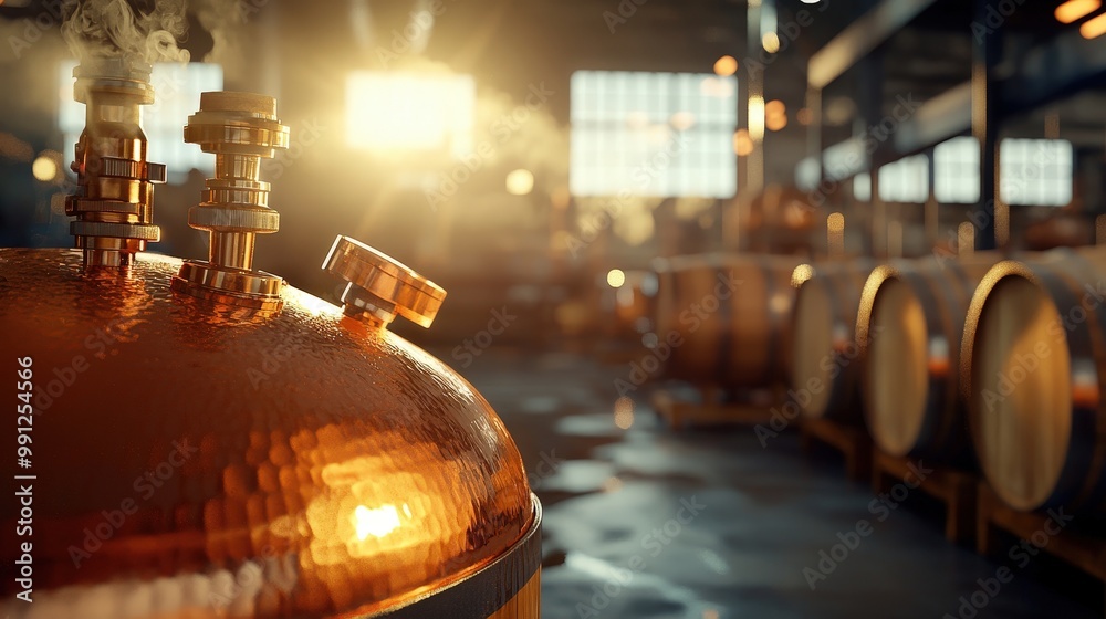 Naklejka premium Copper Still in Distillery with Sunlight Reflection
