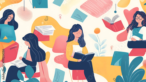 Charming background featuring women in various educational settings, emphasizing learning and growth