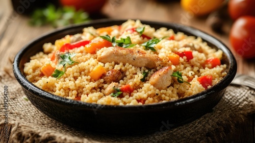 A close up image of couscous with chicken and vegetables. This photo can be used for blogs or articles about healthy meals.