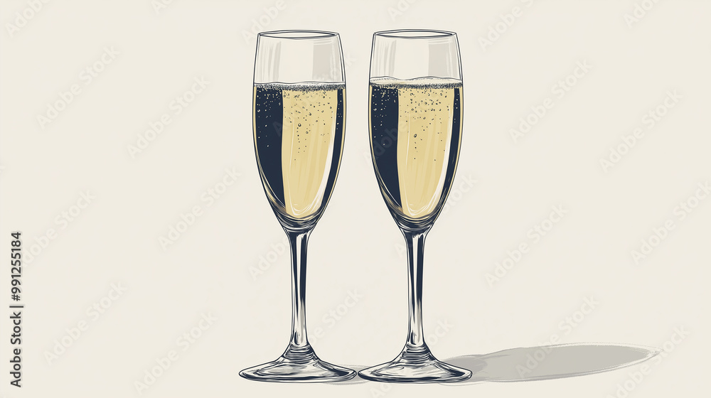 Two champagne flutes full of sparkling wine are standing on light background Two champagne flutes full of sparkling wine are standing on light background