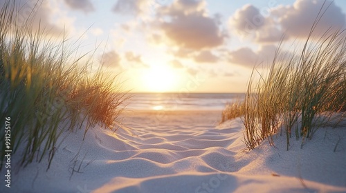 peaceful beach view with sunlight on sand and grass creating a serene coastal environment perfect for relaxation and enjoying the natural scenery