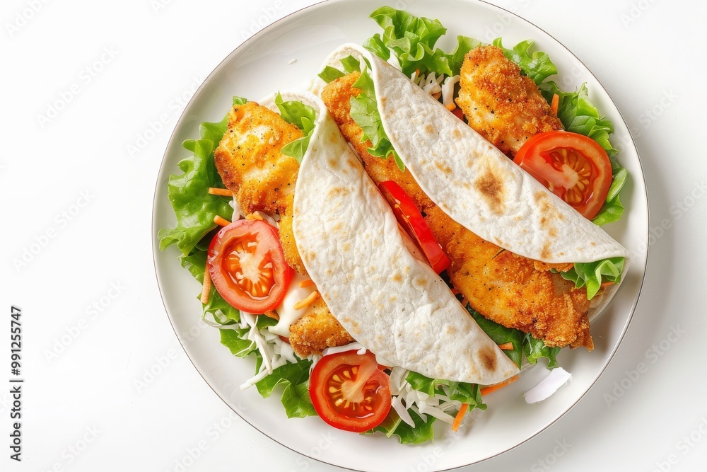 chicken tenders wrap coleslaw, tomato slices, mayonnaise on white plate isolated on white, topview, overhead view chicken tenders wrap coleslaw, tomato slices, mayonnaise on white plate isolated on white, topview, overhead view