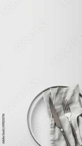 A vintage white plate set on a linen napkin with cutlery and a tablecloth, captured from above. This elegant dining scene is perfect for restaurant menus or food presentation designs.