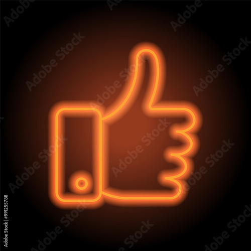 Thumb up simple icon vector. Flat design. Orange neon on black background