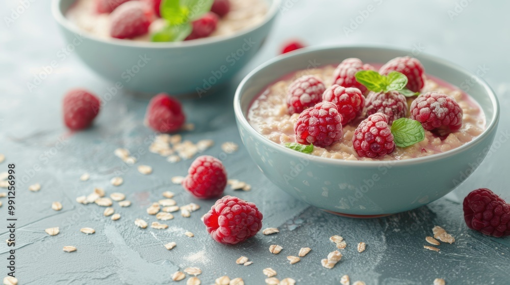 Breakfast cereal with milk yogurt and raspberry Breakfast cereal with milk yogurt and raspberry