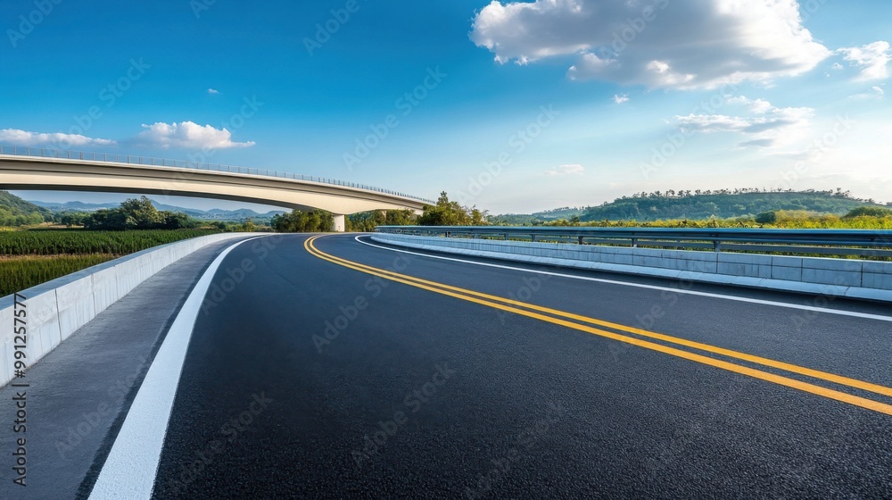 Naklejka premium Scenic Curved Road Under a Bridge with Blue Sky