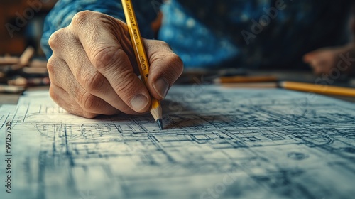 close-up view of an architect sketching a blueprint with a pencil highlighting the technical details and planning involved in building and design projects photo