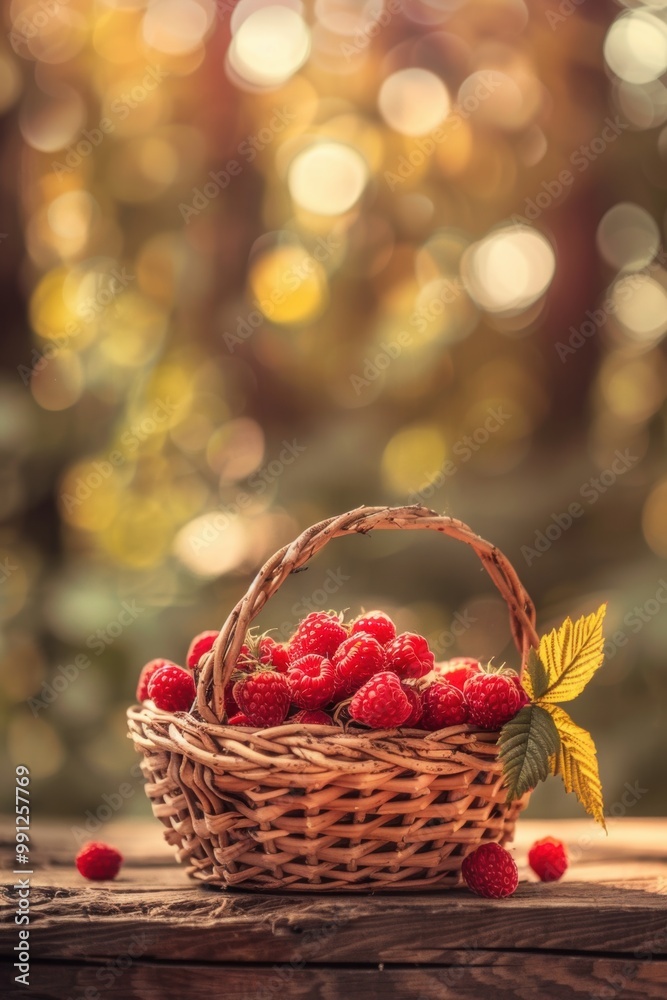 Fresh raspberry fruit in basket on wooden table with background of plantation farm field Fresh raspberry fruit in basket on wooden table with background of plantation farm field