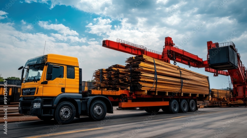 Yellow Truck Loaded with Steel for Delivery Yellow Truck Loaded with Steel for Delivery