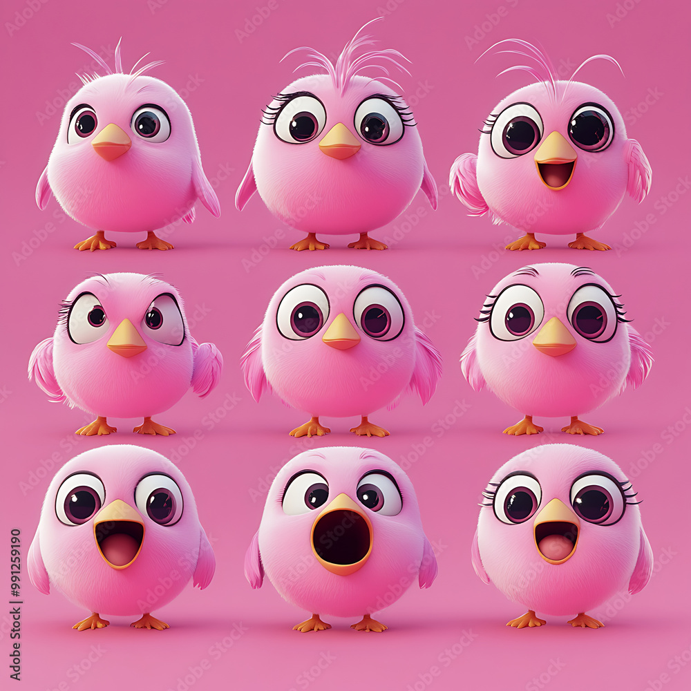 Pink Cartoon Chicks Displaying Various Emotions Pink Cartoon Chicks Displaying Various Emotions