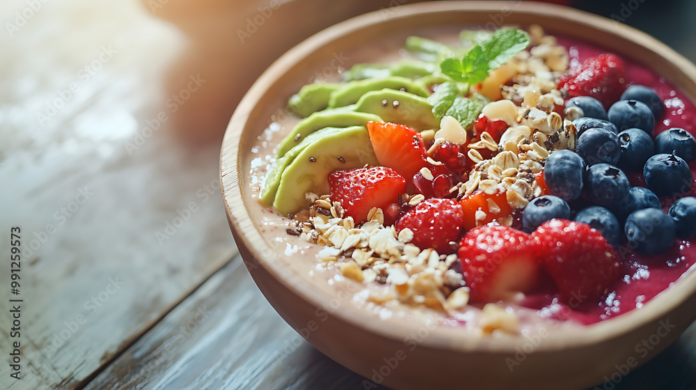 Close-up of a healthy smoothie bowl with colourful toppings, set on a wooden table with a soft, natural light Close-up of a healthy smoothie bowl with colourful toppings, set on a wooden table with a soft, natural light